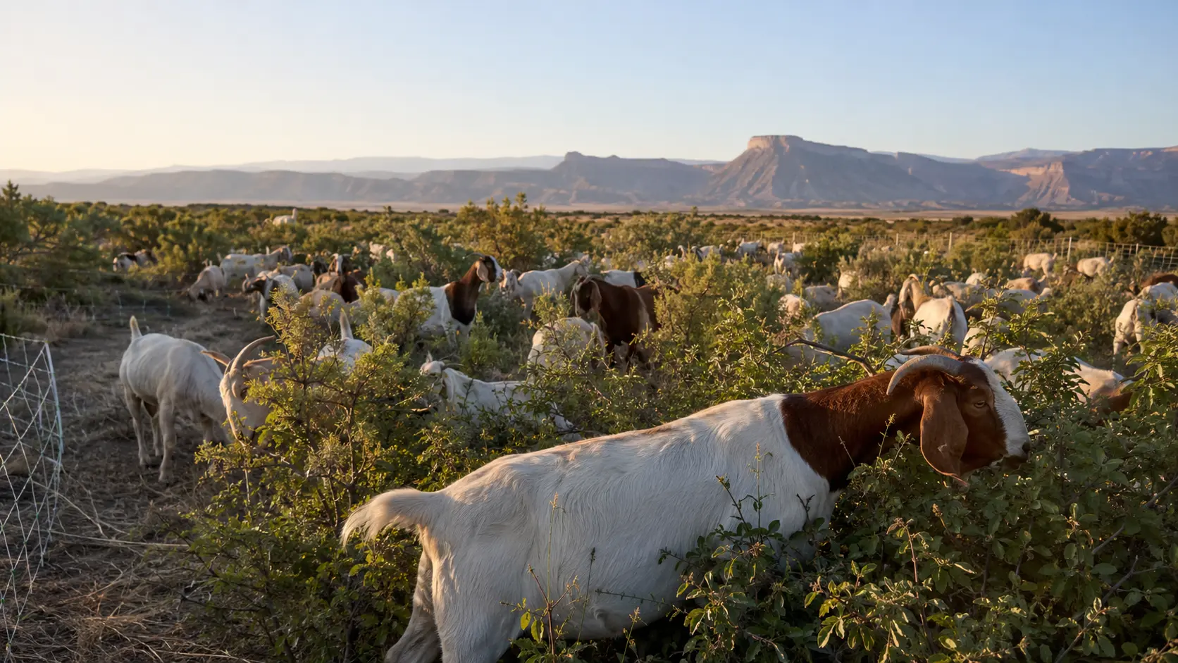 A goat browsing leafy brush during vegetation management.